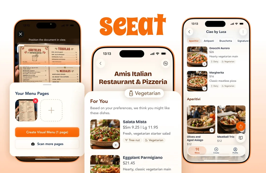 SeEat AI menu scanner app screens